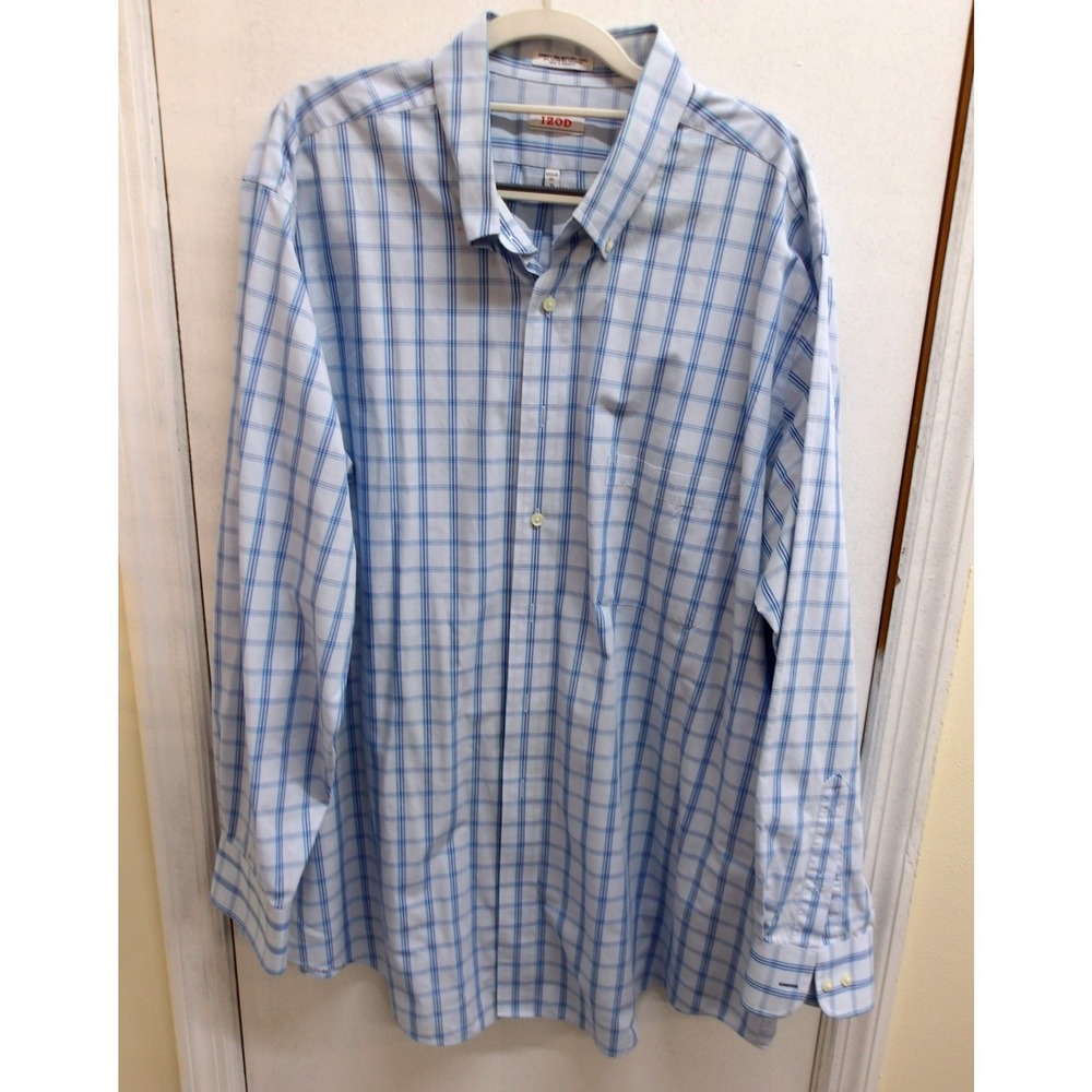 IZOD Dress Shirt Mens 18 34/35 Big Regular Fit Blue White Plaid / #26360
